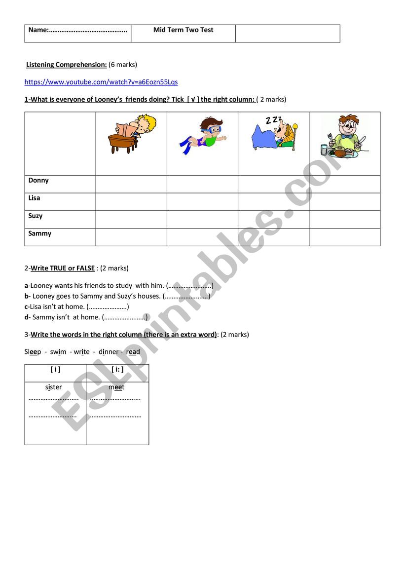 Mid Term 2 Test for 7th form (Listening + Link + Language)