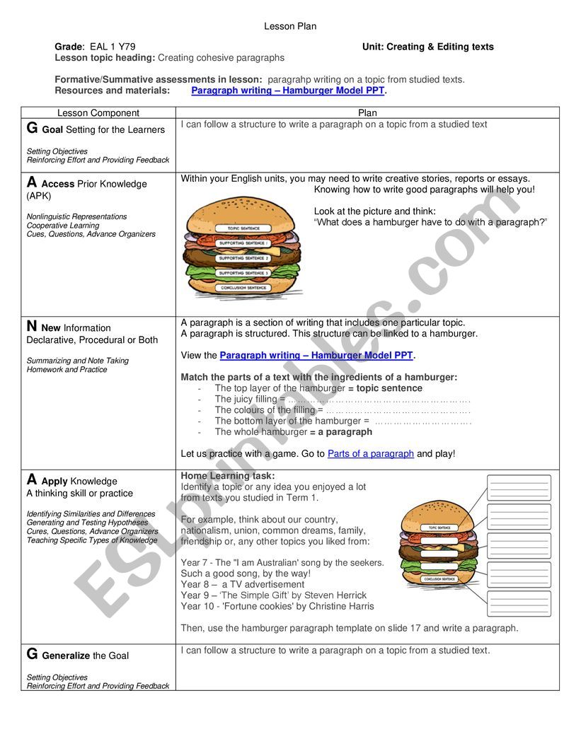 GANAG lesson for year 7-9 worksheet