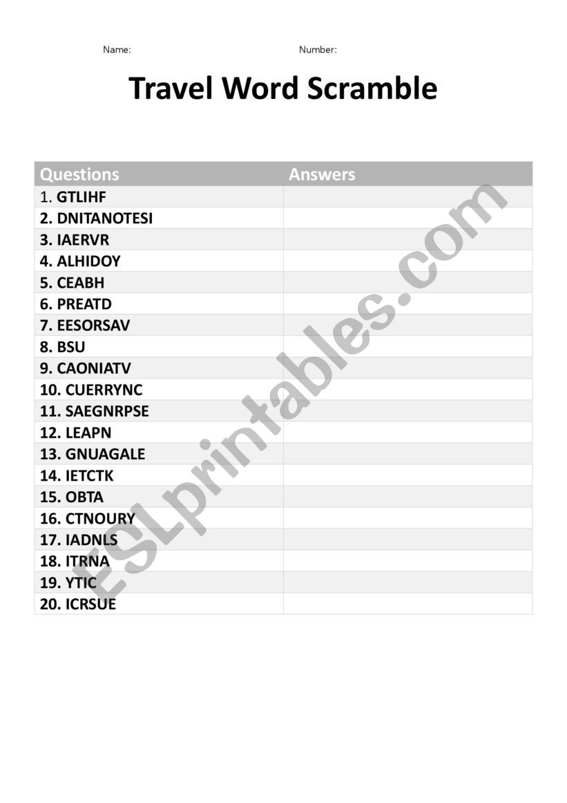 Travel Words Scramble and Survey