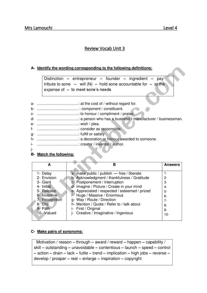 Review Vocab Unit 3 /  level 4