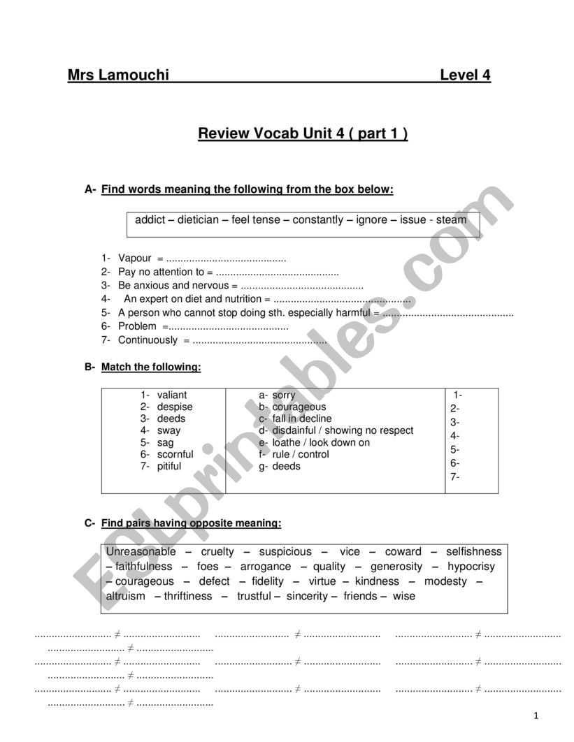 Review Vocab Unit 4 ( part 1 ) level 4