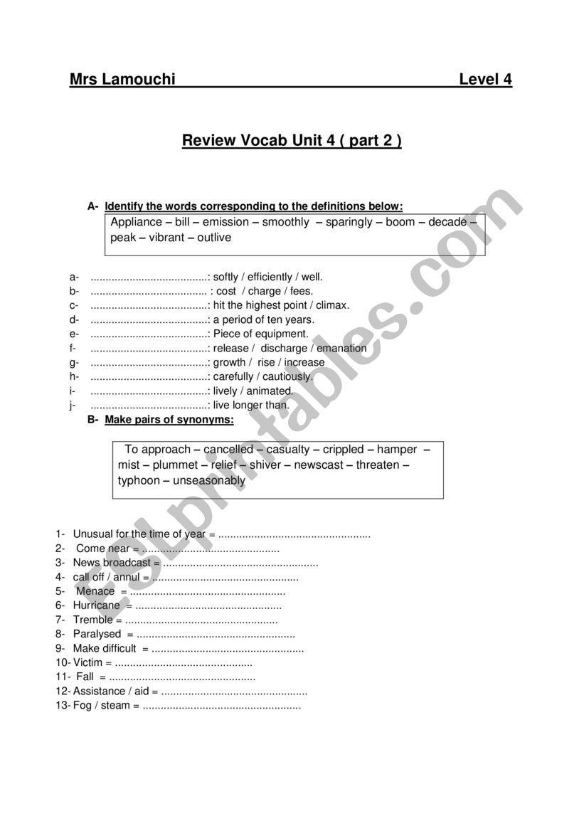 Review Vocab Unit 4 ( part 2 ) level 4