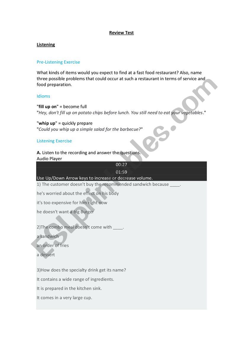 Prepositions test worksheet