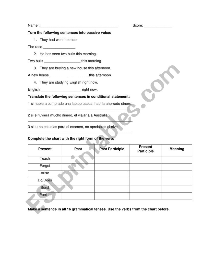 English quiz passive voice, conditionals and grammar tenses 