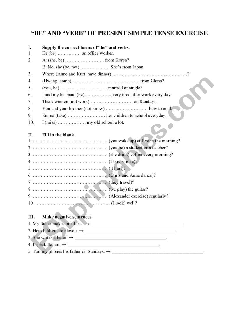 Be and Verbs of Present Simple Tense exercise