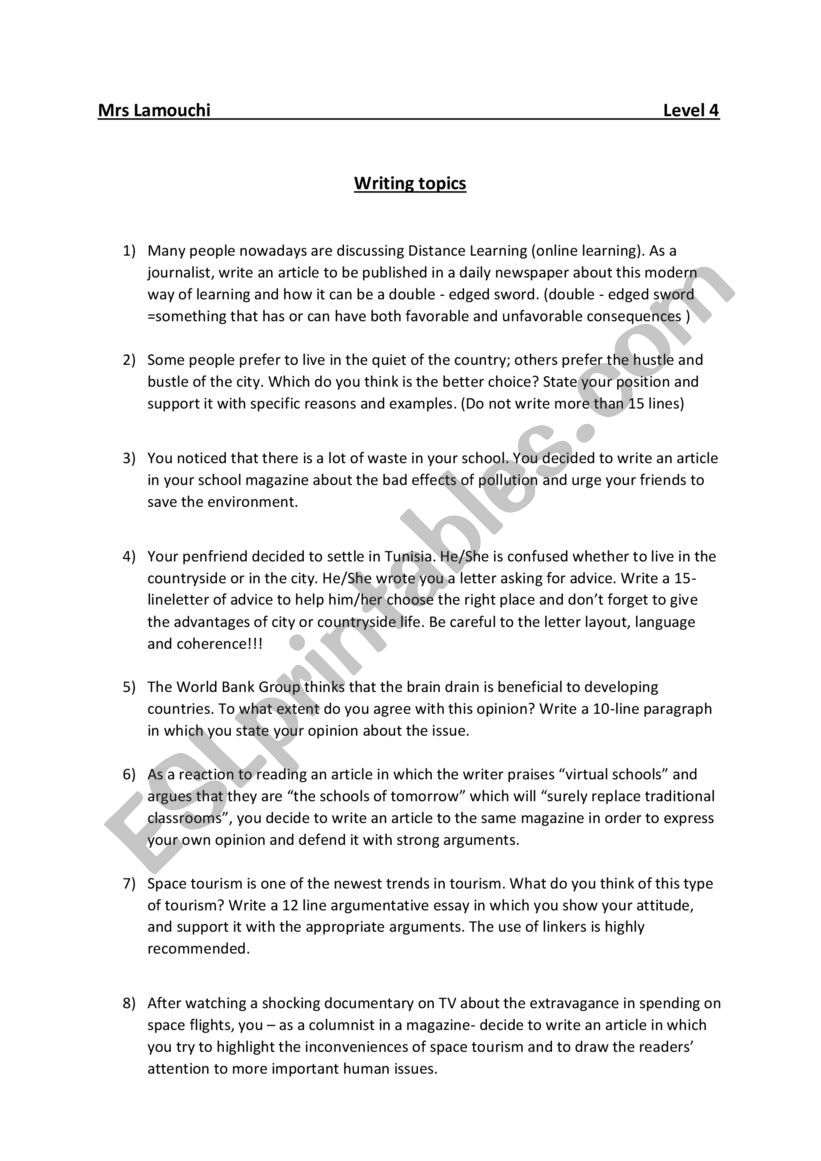 Free Writing tasks / Level 4 worksheet