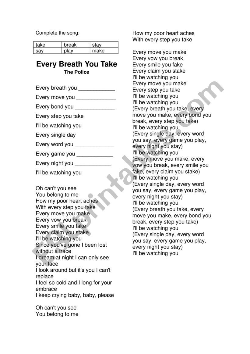 Song Every Breath you take worksheet