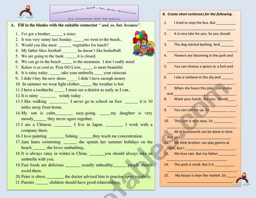 Connectors So And But Because worksheet