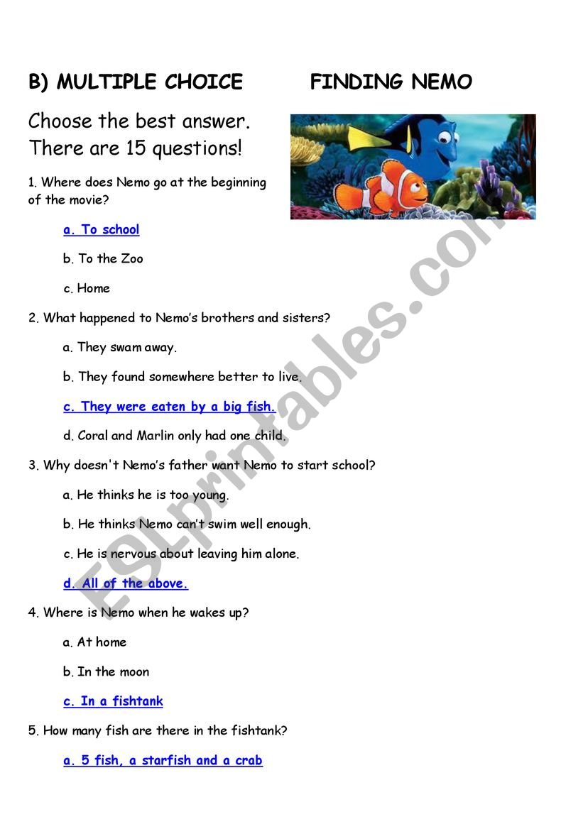 Finding Nemo - COoprehension Quiz