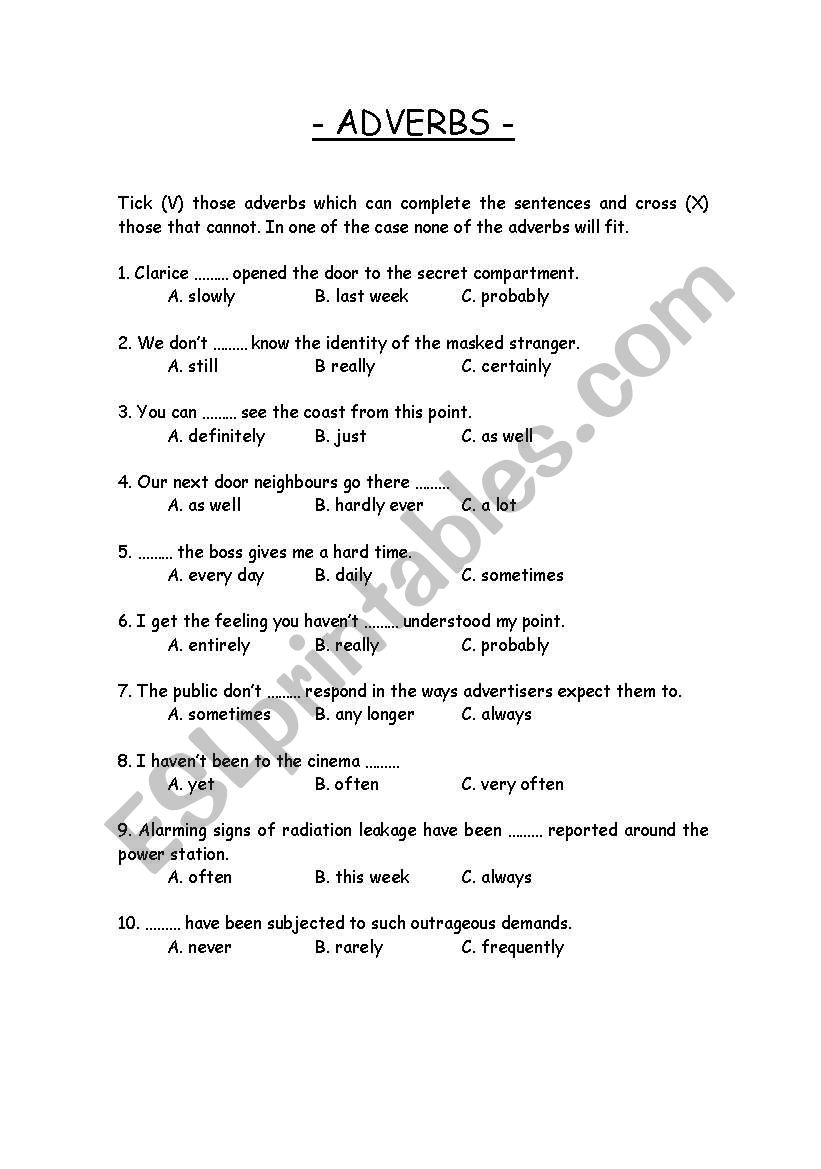 Adverbs multiple choice worksheet