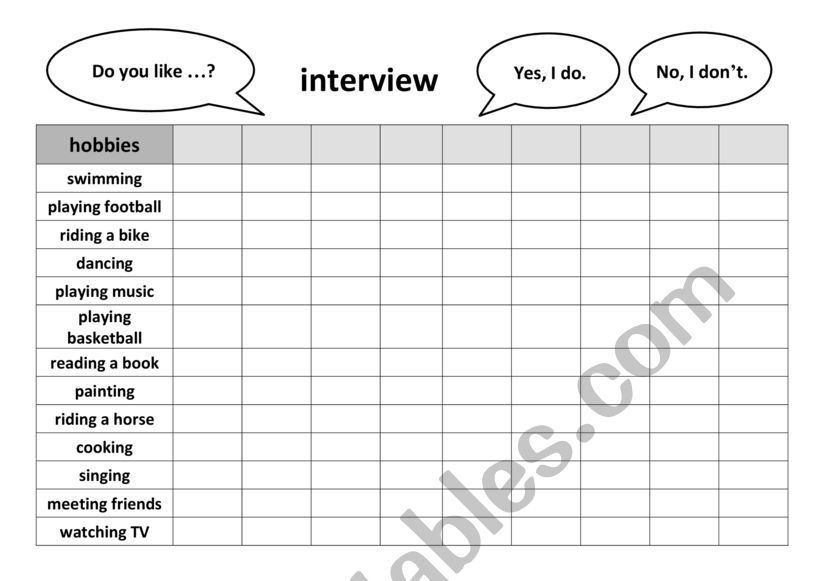 Hobbies interview worksheet