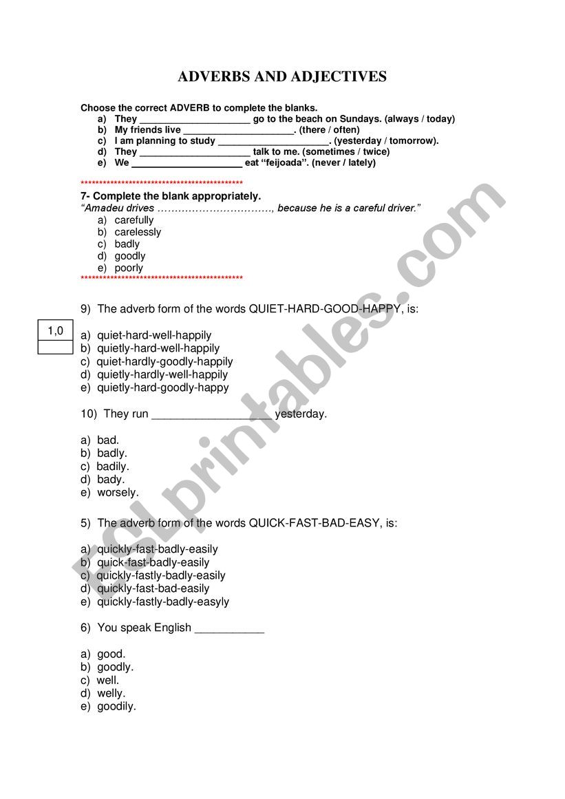 Adverbs and adjectives worksheet