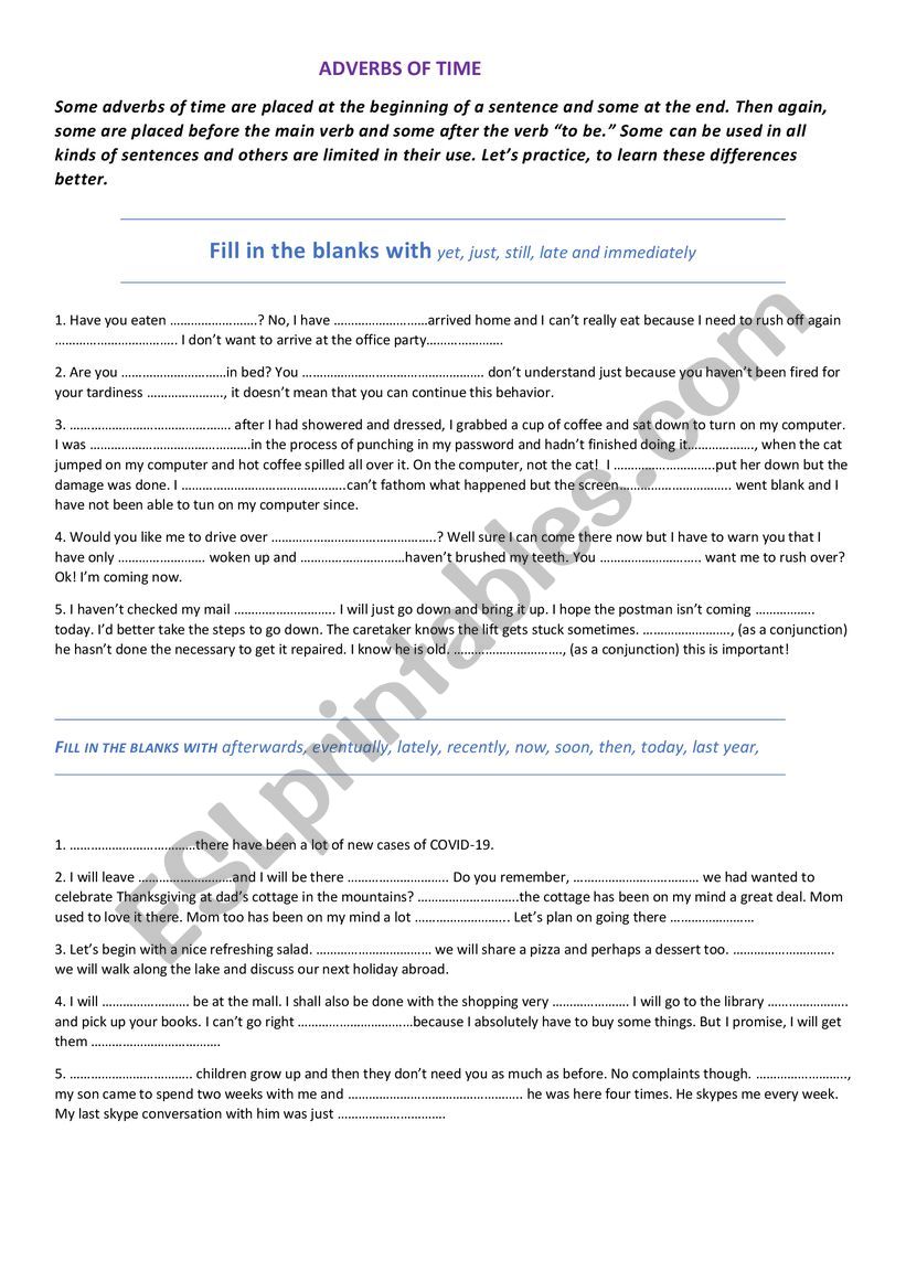 ADVERBS OF TIME  PRACTICE WORKSHEET