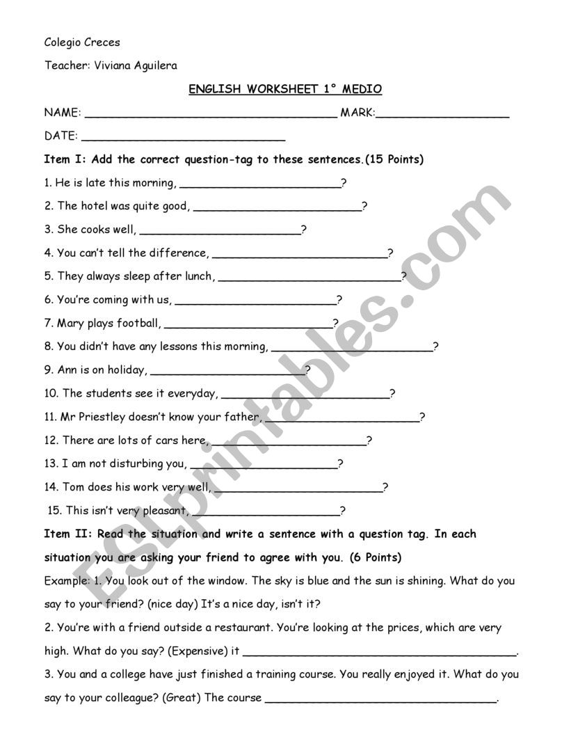 Worksheet about questions tags and so y neither