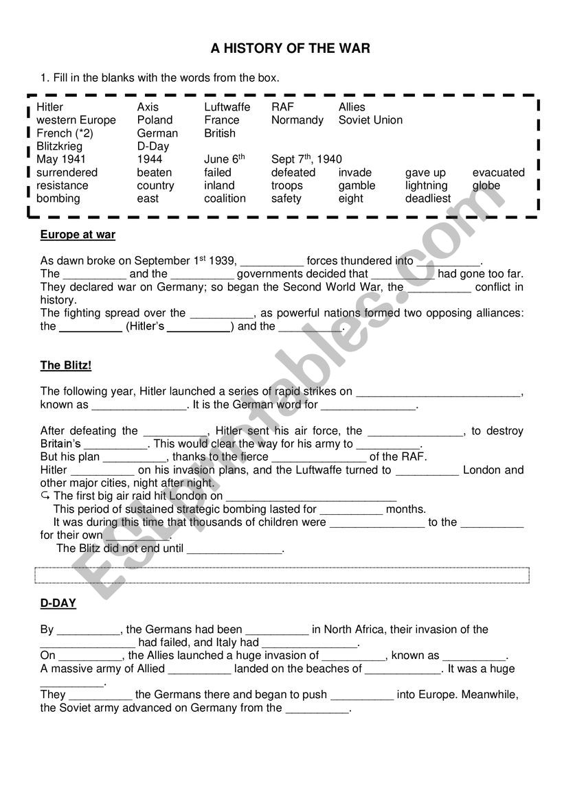 A history of the war (WWII) worksheet