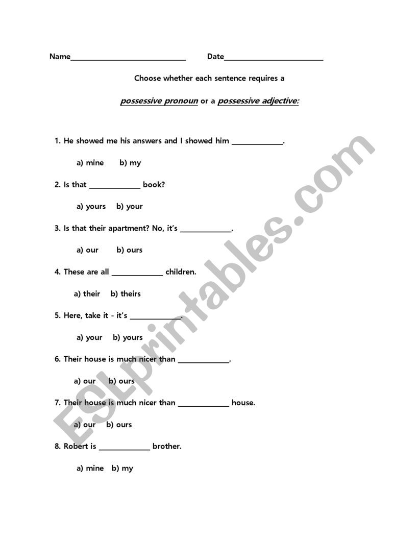 Possessive Pronouns or Possessive Adjective