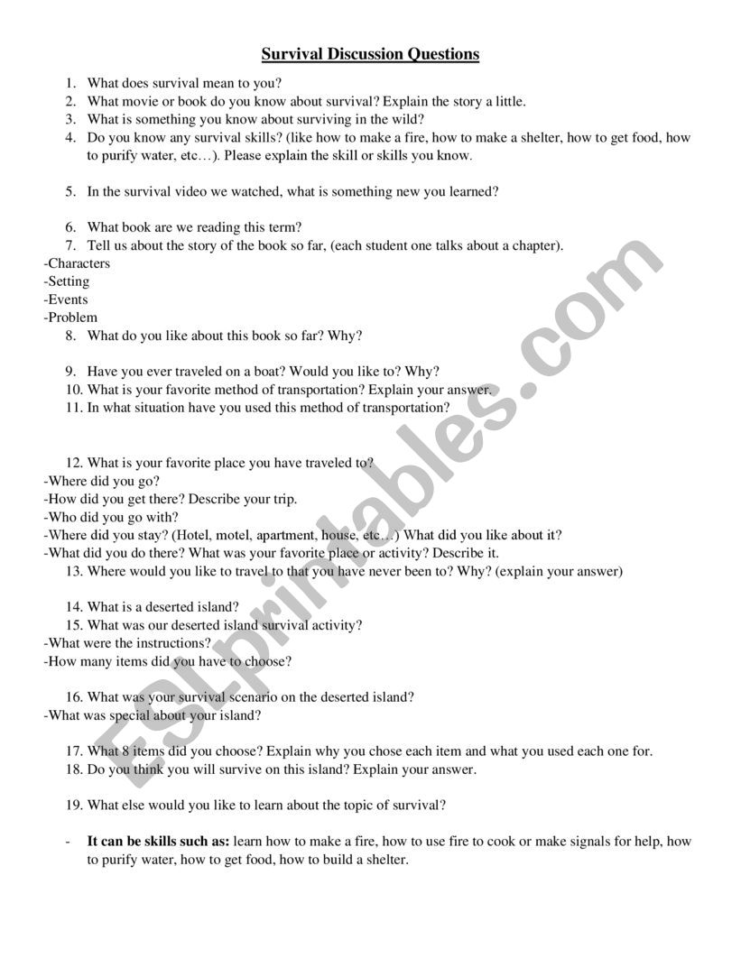 Survival Discussion Questions worksheet