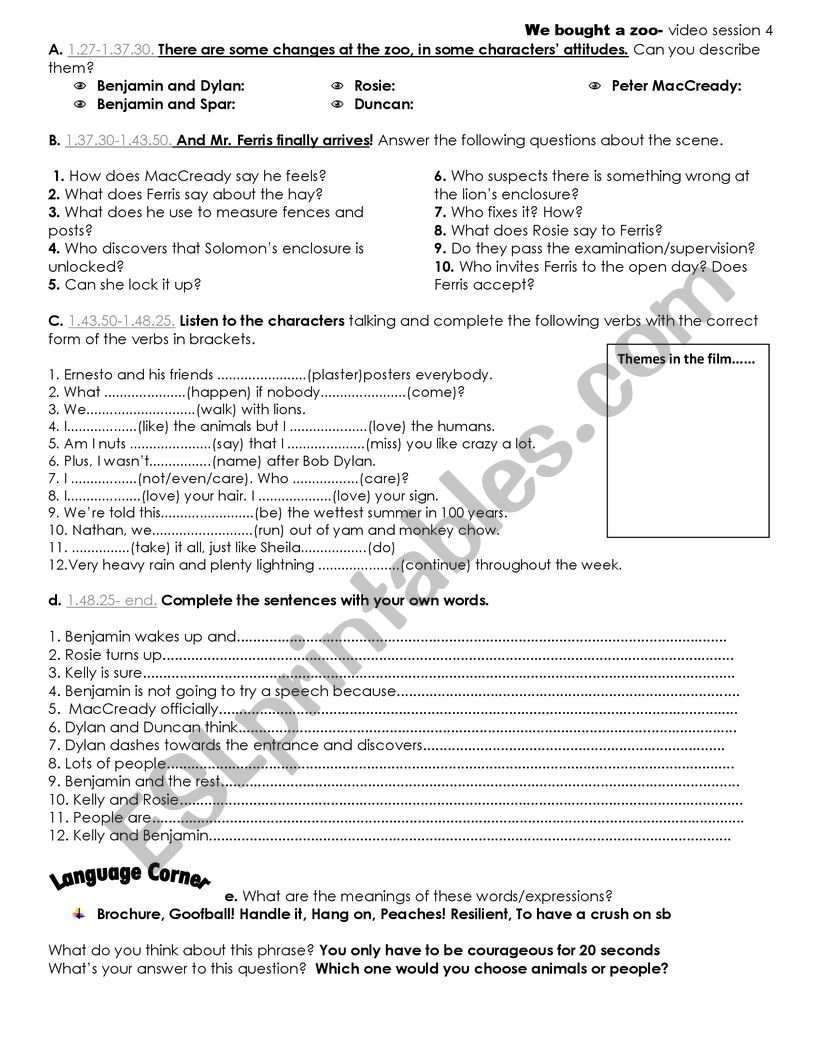 We Bought a Zoo - part IV worksheet