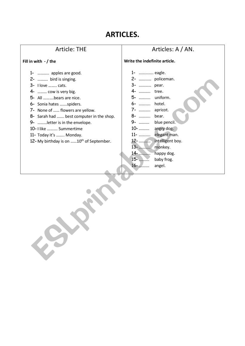 ARTICLES worksheet