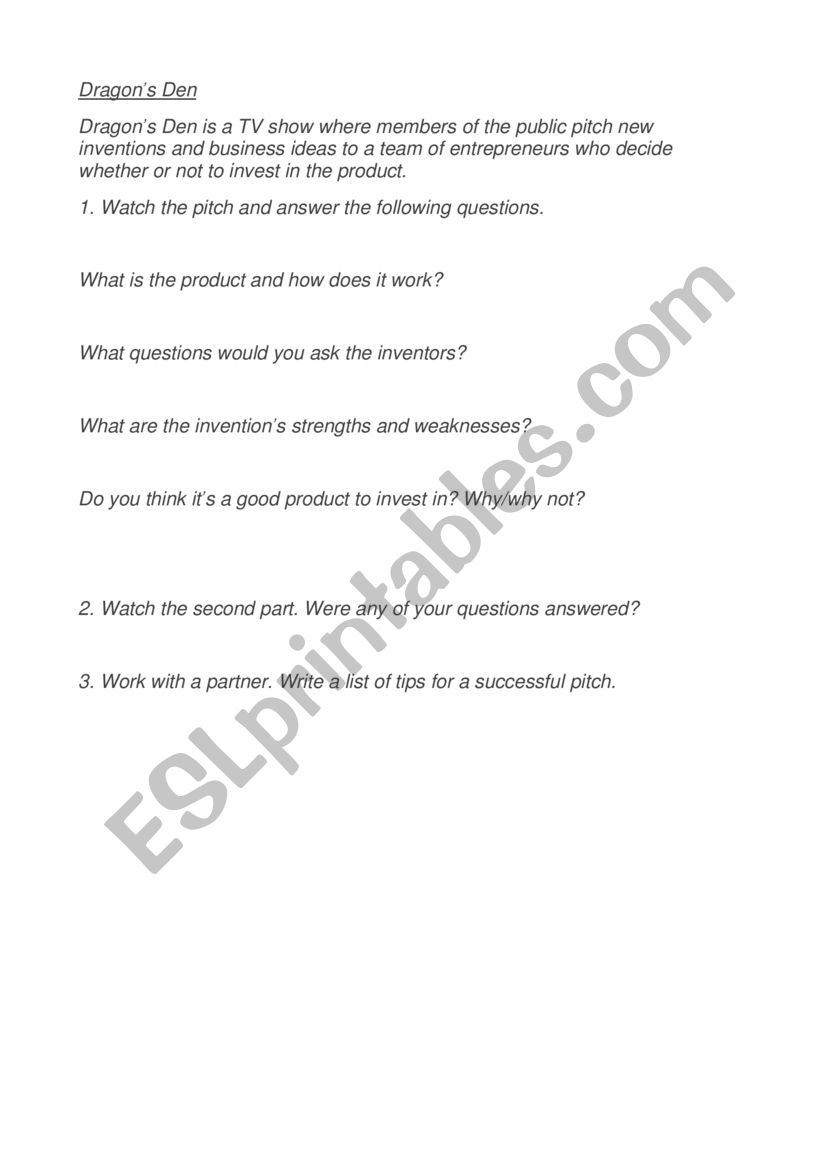 Dragon�s Den worksheet