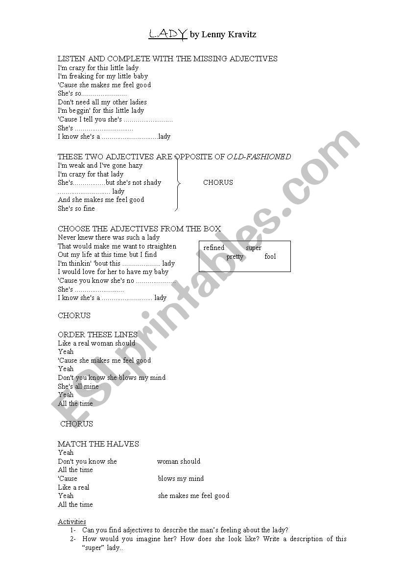 lady by lenny kravitz worksheet