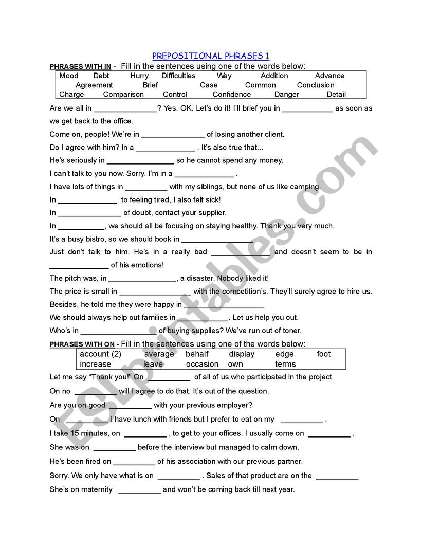 Prepositional Phrases 1 worksheet