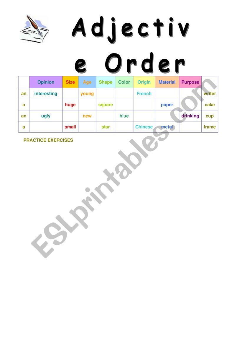 order of adjectives worksheet