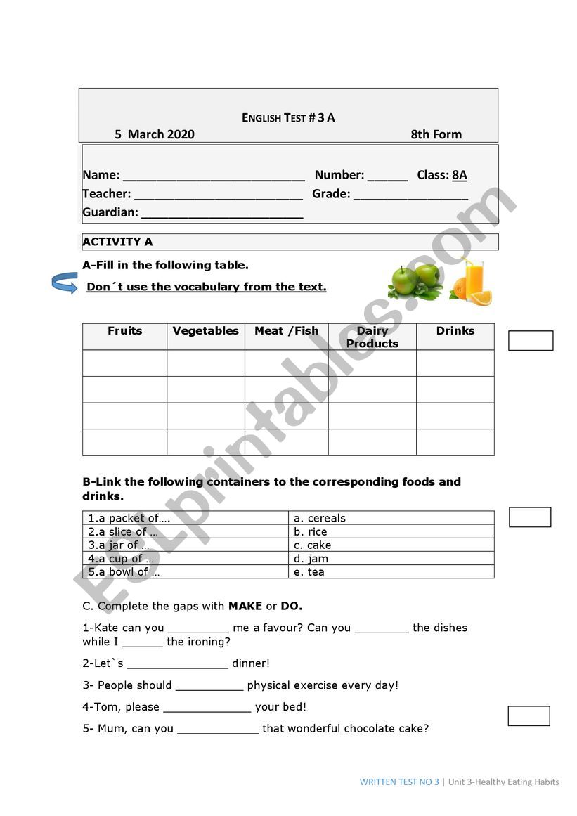 8 th Grade- Food worksheet