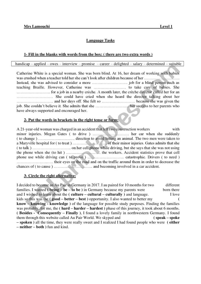 Language tasks level 1 worksheet