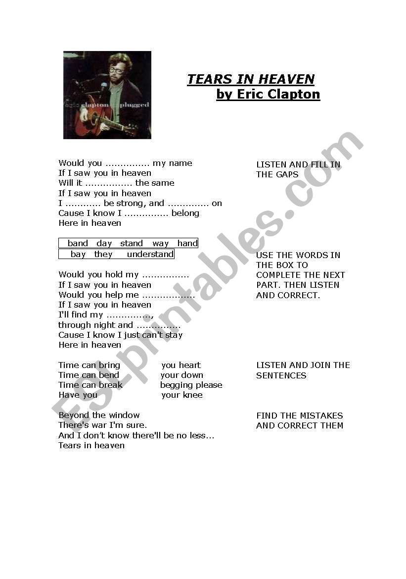 Tears in Heaven, by Eric Clapton - ESL worksheet by Tuili