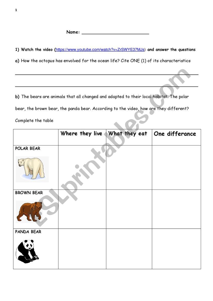 Animals Habitats worksheet