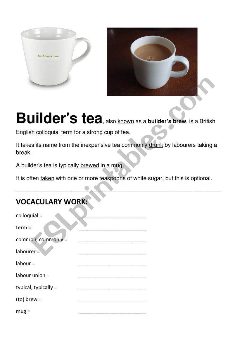 Builder�s tea / British culture - Vocabulary + past participles