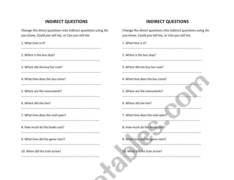 INDIRECT QUESTIONS worksheet