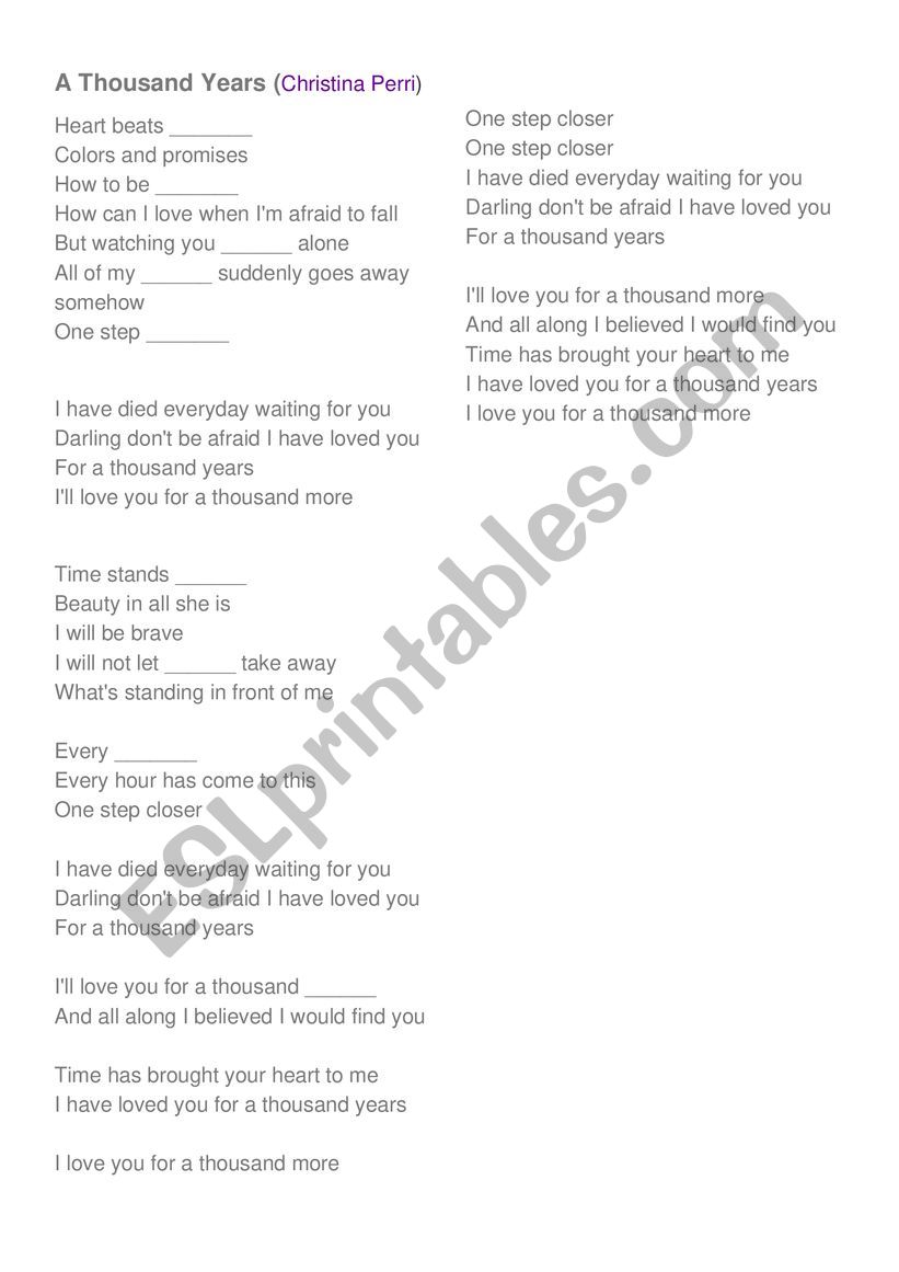 A Thousand Years(worksheet) worksheet