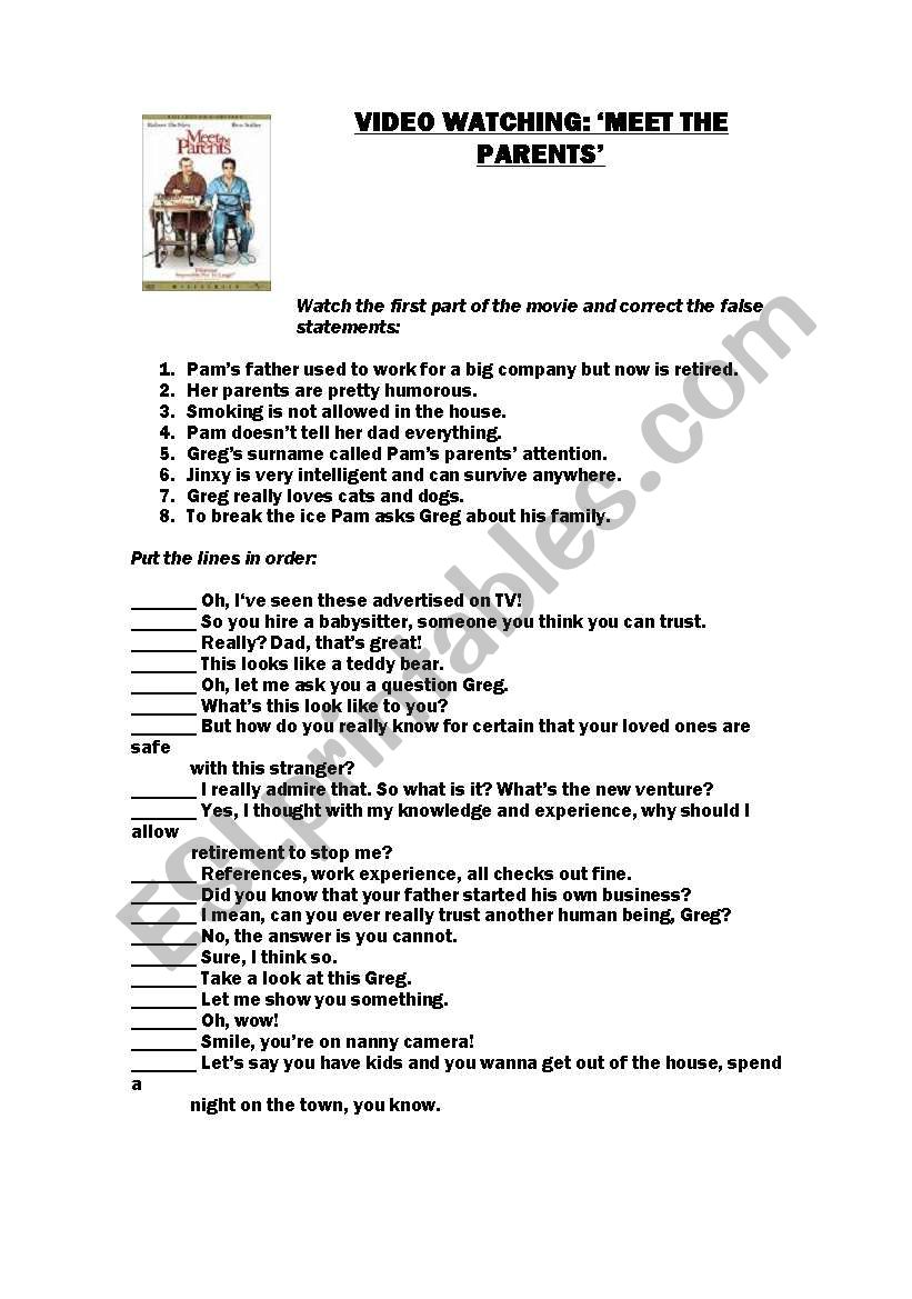 MEET THE PARENTS VIDEO TASKS worksheet