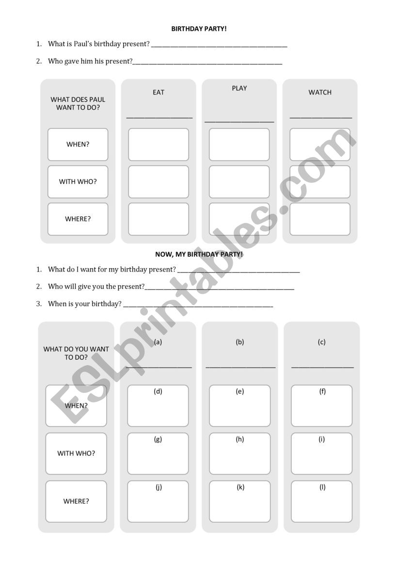 birthday party worksheet