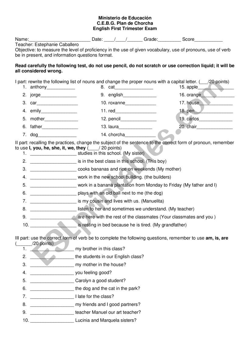 7th grade english exam worksheet