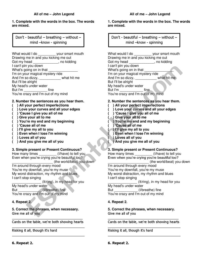 All of me. John Legend  worksheet