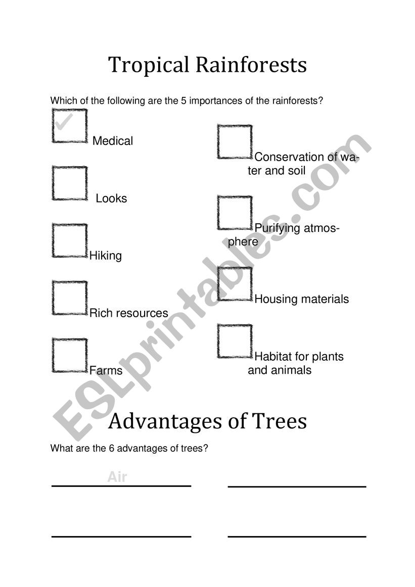ESL tree uses and production worksheet