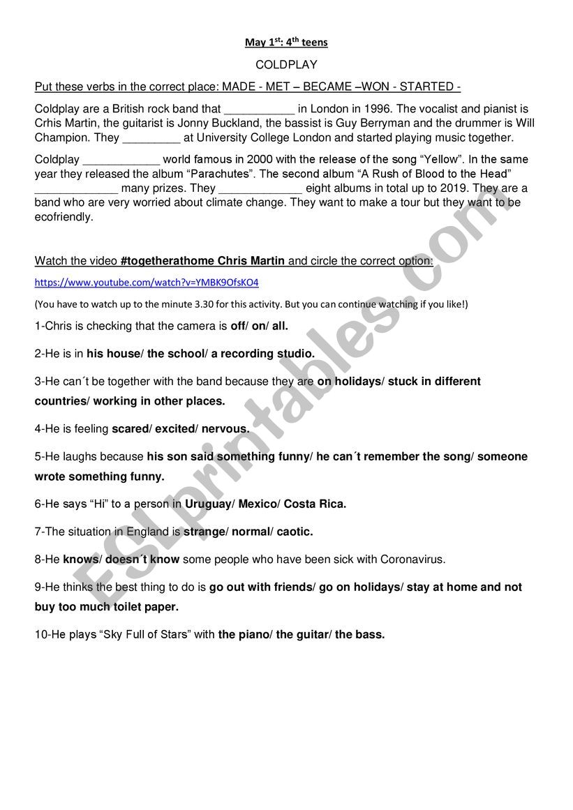  COLDPLAY ACTIVITY worksheet