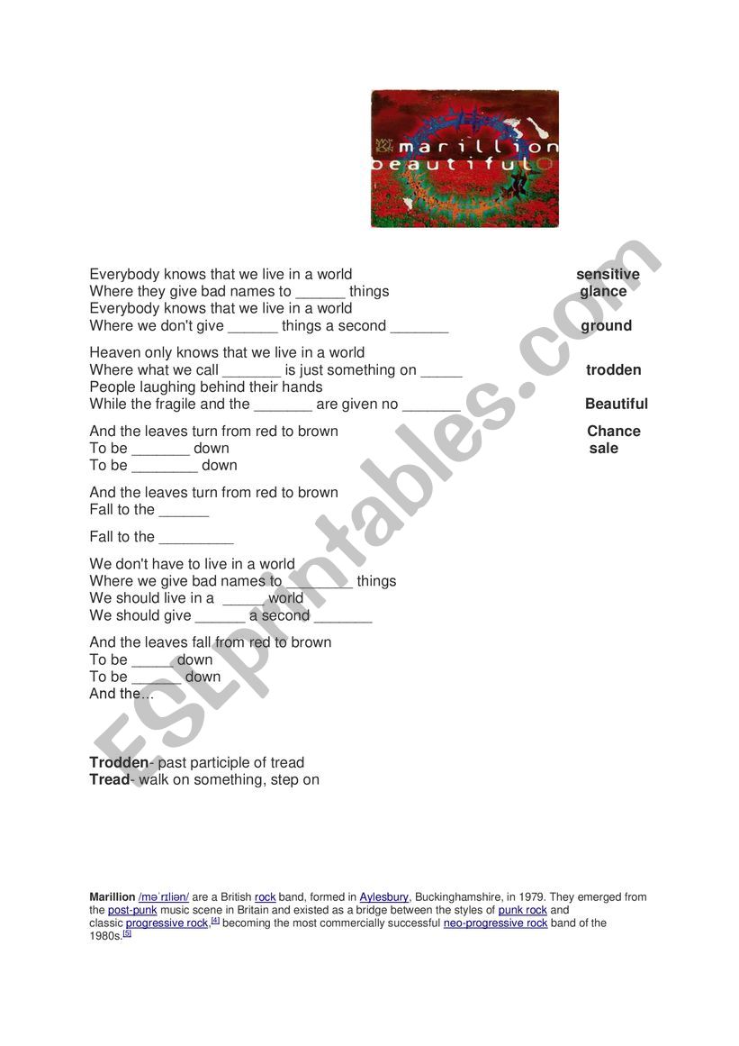 Marillion - Beautiful worksheet