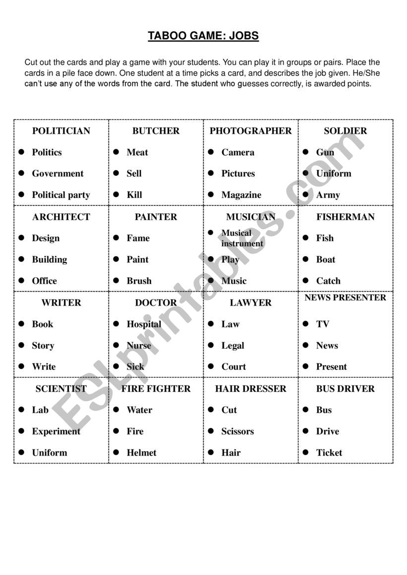 TABOO GAME: jobs worksheet