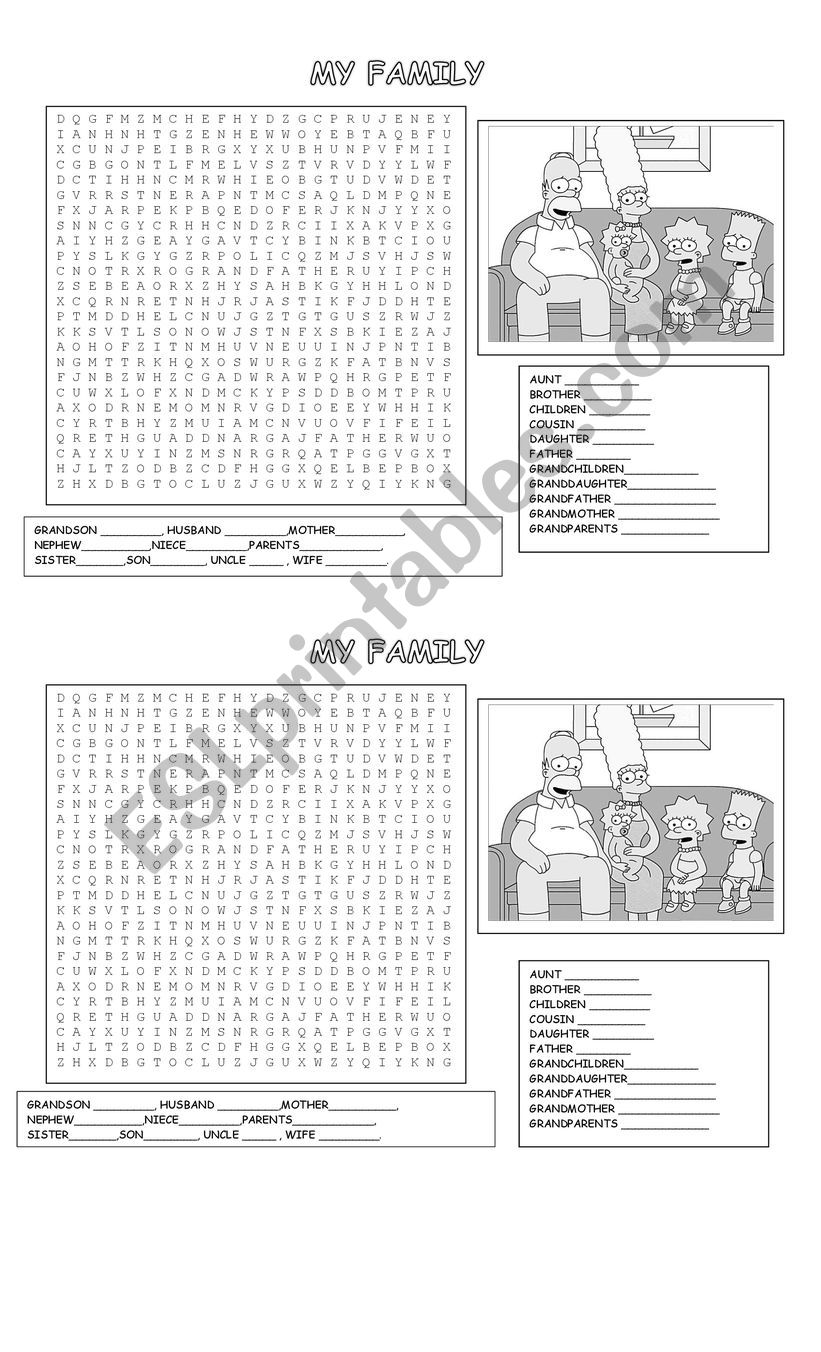 My Family Wordsearch worksheet