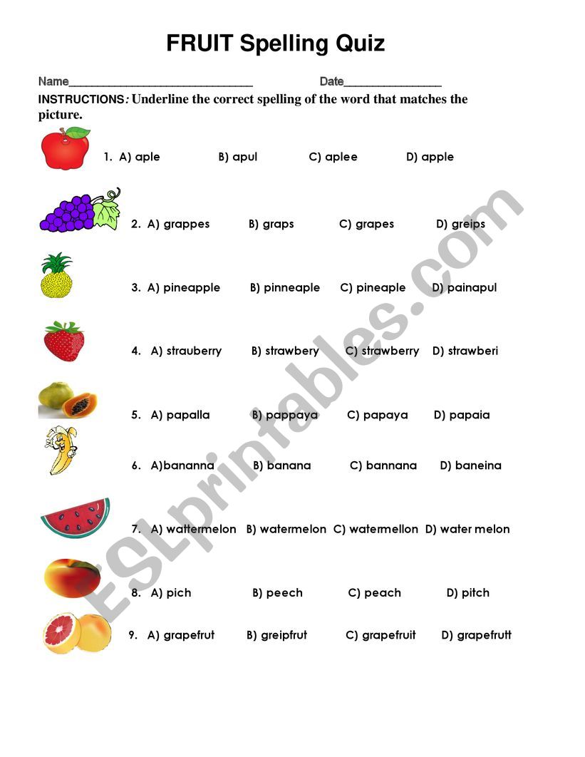 Fruits spelling quiz worksheet