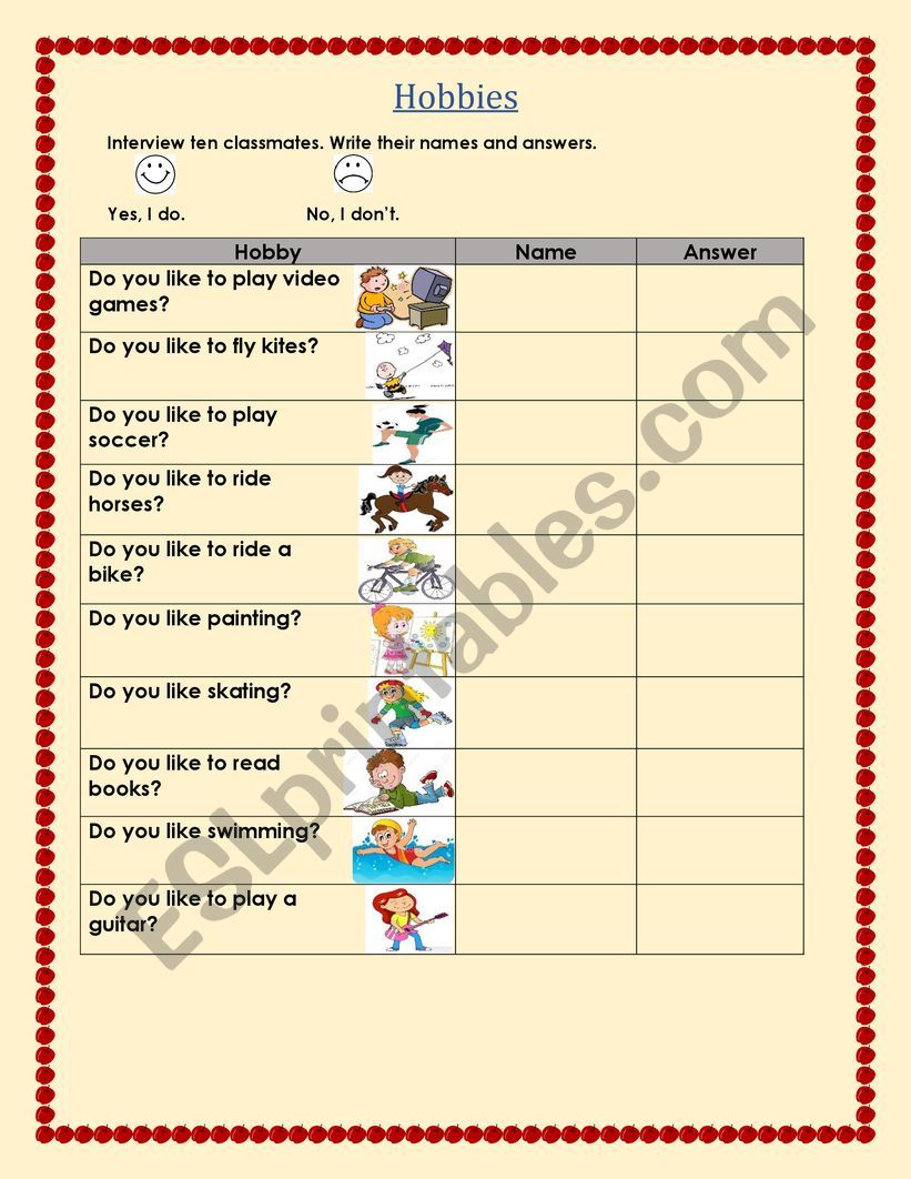 HOBBIES worksheet