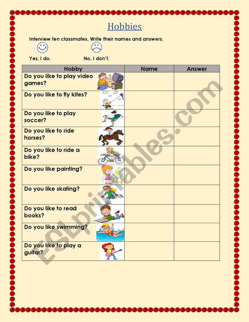 HOBBIES worksheet