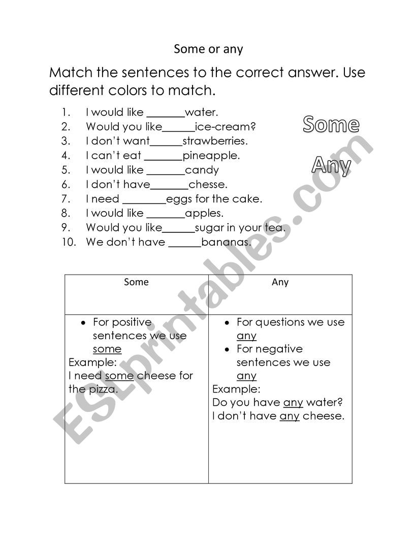 some and any  worksheet