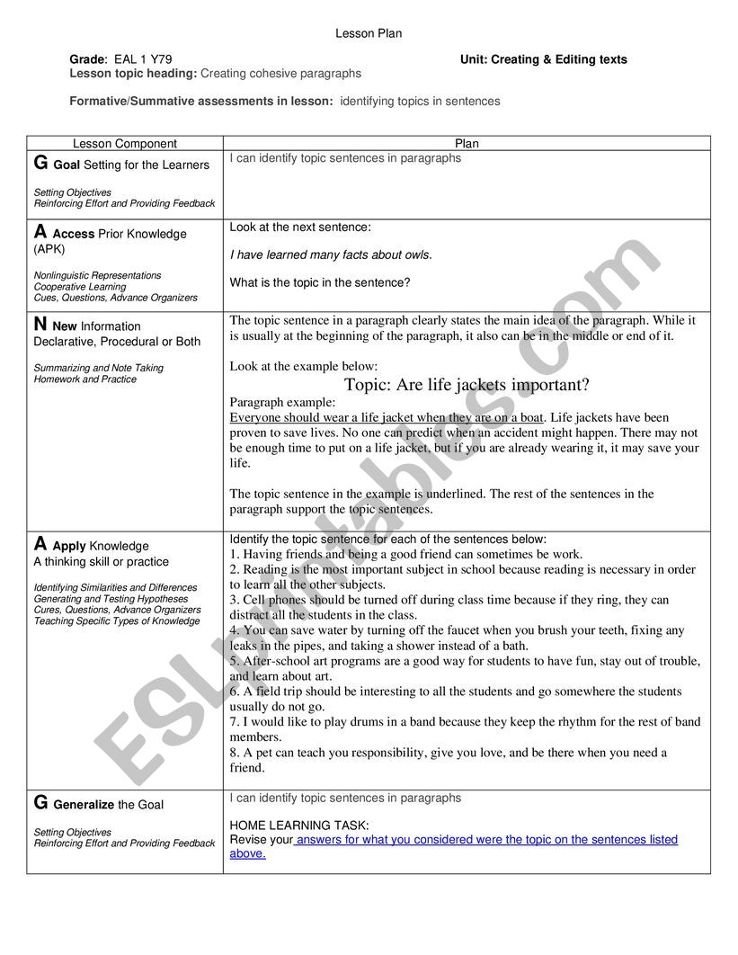 Topic Sentences ESL Worksheet By EALcf