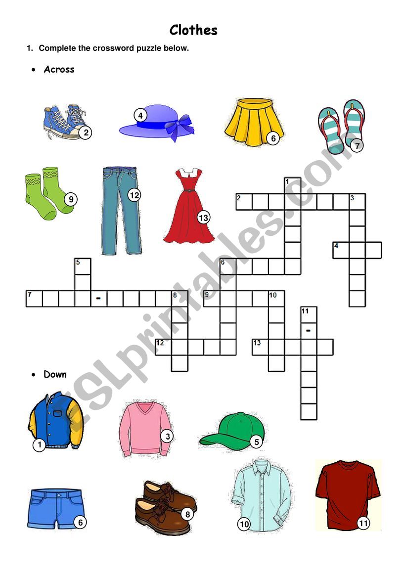 Clothes - crossword puzzle worksheet