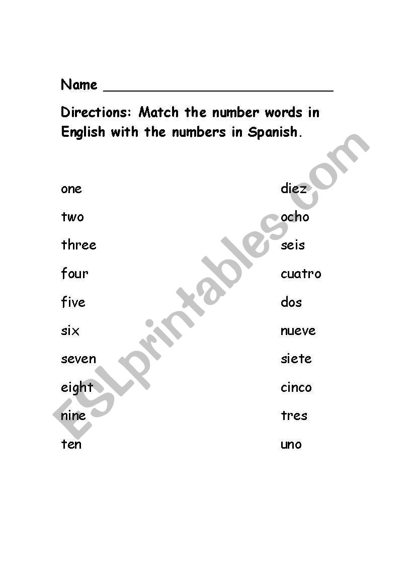 Number Words Match 1-10 (English-Spanish)